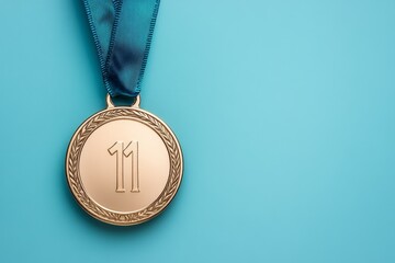 Aufkleber - A shiny gold medal with a blue ribbon on a soft blue background, symbolizing victory and achievement in sports or award presentation for the best performance of an athlete or team during competition