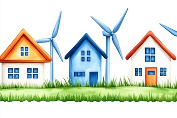 Aufkleber - Illustration of wind turbines and green energy, white background, green color palette, watercolor with brush strokes and splashes, in front view, landscape view, houses, trees, urban area, cityscape