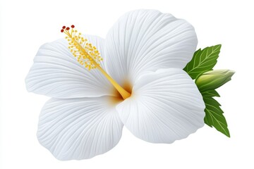 Aufkleber - White flower isolated on white background, top view, flat lay. Flat lay, top view, isolated on white background. White hibiscus with yellow stamens. Floral element for design, photo from the