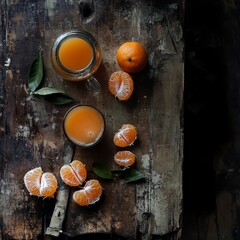 Wall Mural - Fresh tangerine juice on wood.