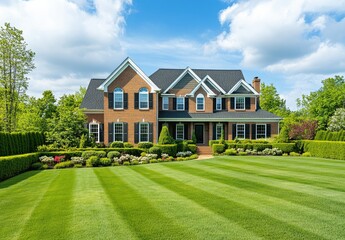 Wall Mural - a large home with beautiful landscaping and a lush green lawn. The brown brick house has black shutters. The large front yard features well-manicured hedges