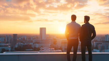 Canvas Print - Businessmen standing on rooftop, silhouetted against golden sunset, urban landscape sprawling beneath dramatic evening sky