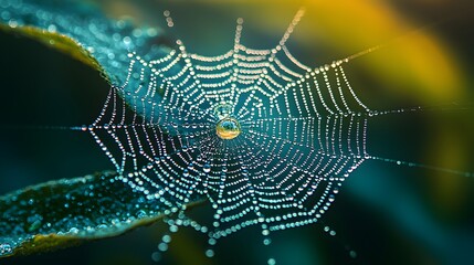 Wall Mural - Mesmerizing Close up of a Single Spider Web Strand with Tiny Water Droplets Glistening on Its Intricate Delicate Structure 