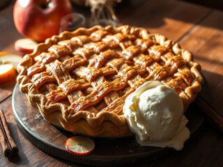 Canvas Print - Warm Apple Pie with Vanilla Ice Cream on Wooden Table