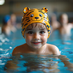 Adorable toddler in a playful tigerthemed swim cap, happily submerged in a swimming pool.  A heartwarming image capturing childhood joy, perfect for themes of family, summer fun, or learning to swim.