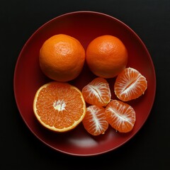 Wall Mural - Tangerine slices on red plate, black background