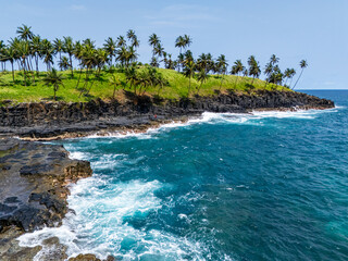 Canvas Print - Boca de Inferno, Sao Tome, featuring black volcanic rock formations, turquoise ocean waves, and a lush green hillside covered with tall, swaying palm trees under a clear blue sky.