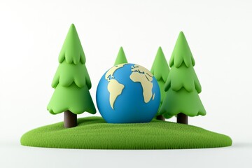 Poster - 3d isometric illustration of green trees and planet earth on white background, simple shapes, green color palette, vector style, flat design, low poly model, 2D render, green tones, white isolated
