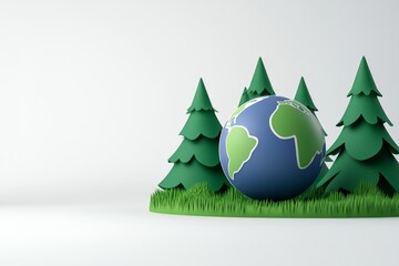 Leinwandbilder - 3d isometric illustration of green trees and planet earth on white background, simple shapes, green color palette, vector style, flat design, low poly model, 2D render, green tones, white isolated