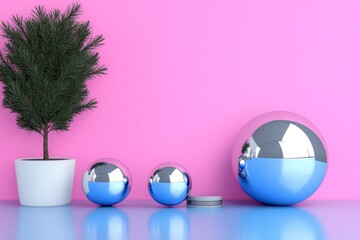 Poster - A 3D render of an abstract composition featuring geometric shapes, glossy spheres and a sphere shaped laptop on the right side, all set against a gradient background with shades from pink to