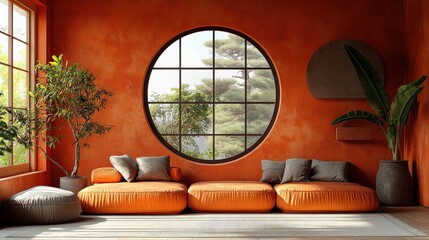 Wall Mural - Cozy living room with orange cushions, large round window, and green plants in a vibrant setting