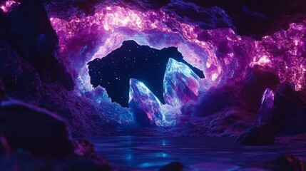 Wall Mural - A stunning cave scene illuminated by ethereal lights. Glowing crystals reflect vibrant colors in a mystical environment. A portal to another dimension awaits. Generative AI