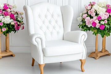 Poster - A white wingback chair with elegant legs and diamond buttons, centered in the room against an empty wall, surrounded by flowers on a wooden stand, illuminated by natural light from large windows,