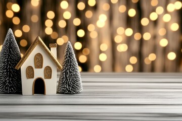 Poster - A wooden table with small Christmas houses and trees in the background, a snowy forest of pine trees illuminated by golden lights. The scene is set against an abstract background with falling
