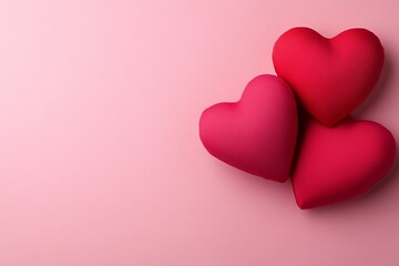 Poster - Pink background with two hearts, Valentine's Day banner, pink gradient, space for text, light effect, blurred, soft focus, bokeh, flat lay, wide angle, panorama, pastel colors, pink and gold