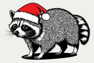 Aufkleber - Raccoon in a Santa hat walking, vintage line art illustration on a white background, simple ink drawing, vector graphic, high contrast, high resolution, t-shirt design, clean lines, high detail,