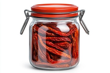 Aufkleber - Set of dried tomatoes in a glass jar, isolated on a white background. Sun-dried tomatoes, sun-kissed red pieces inside the transparent container, for cooking and culinary concepts. Red pepper.