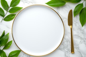 Poster - White plate with fork and knife isolated on a white background, top view, flat lay. A simple, clean, minimalistic background concept of dinnertime or food service. Copy space available. High-quality,