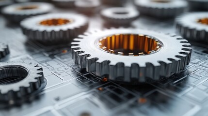 Canvas Print - Close-up view of metallic gears on a circuit board, showcasing intricate details and technology