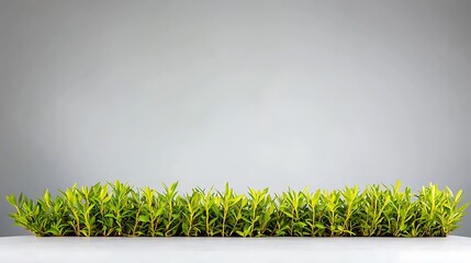 Wall Mural - Lush green plants arranged neatly on a white surface against a soft grey background