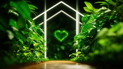 Canvas Print - Lush indoor garden pathway illuminated by neon lights with a heart shape in the background