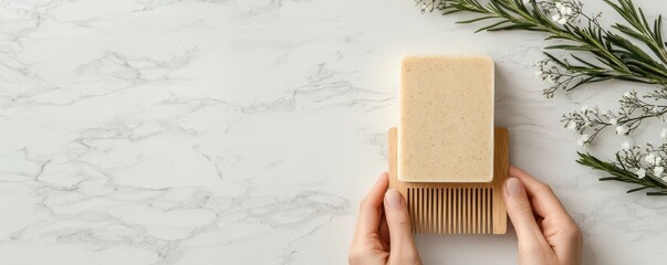 Sustainable hair care person using wooden comb and solid shampoo bar home lifestyle image environmentally friendly zero waste concept