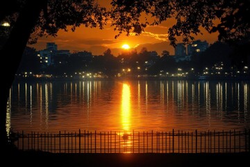Wall Mural - Sunset Over Lake With City Skyline