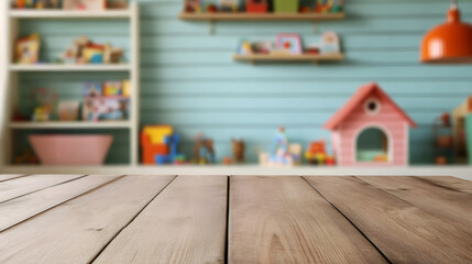 Aufkleber - Wooden tabletop foregrounding blurred playroom, scattered colorful toys softening pastel-toned background space