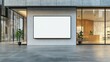 © leymart - Blank billboard mounted on a modern building exterior, showcasing a storefront with large windows.