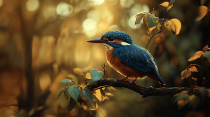 Aufkleber - Kingfisher perching on wooden branch, basking in golden sunset light amid peaceful forest environment