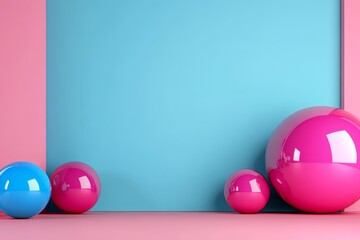 Poster - A 3D render of an abstract composition featuring geometric shapes, glossy spheres and a sphere shaped laptop on the right side, all set against a gradient background with shades from pink to