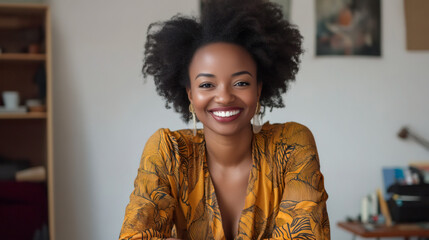 Canvas Print - Black professional woman working remotely, wearing business attire and smiling confidently