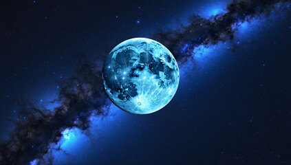 Wall Mural - Pixelated Blue Moon Against a Vibrant Milky Way Galaxy Background