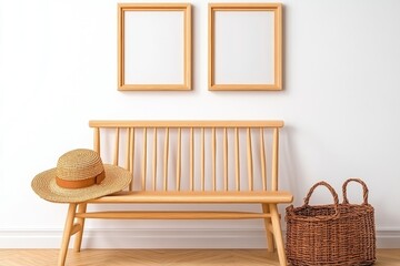 Poster - A light wooden bench, a straw hat, and a basket on the floor, with two light wood picture frames hanging above it. The background is a blank white wall, in a minimalist, mockup-style decor.