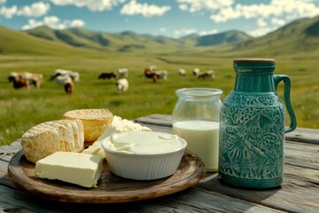 Poster - A wooden table with milk, cheese, and cream on it, set against the backdrop of an American farm landscape with cows grazing in green meadows. A glass bottle stands next to several blocks of
