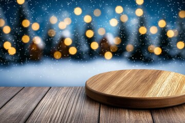 Poster - A wooden table with small Christmas houses and trees in the background, a snowy forest of pine trees illuminated by golden lights. The scene is set against an abstract background with falling