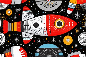 Aufkleber - Abstract space art, with planets and spaceships floating in the universe, in a flat illustration style, using simple lines and vector graphics, with bright colors, in a retro poster design,