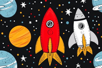 Aufkleber - Abstract space art, with planets and spaceships floating in the universe, in a flat illustration style, using simple lines and vector graphics, with bright colors, in a retro poster design,