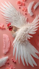 Wall Mural - Surreal Artistic Chicken with Large White Wings and Pink Flowers