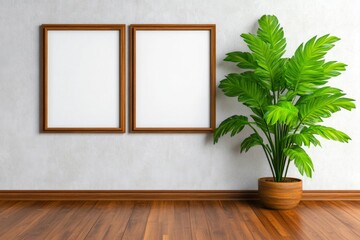 Poster - Four square picture frames with blank white canvases, hanging on the wall, with simple wooden frames, creating a light and airy feel. The bright, natural lighting adds to the minimalist style