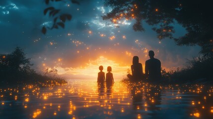 Wall Mural - Family enjoying a serene sunset by the water, surrounded by glowing fireflies and nature