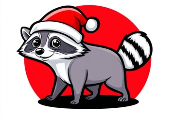 Aufkleber - Raccoon in a Santa hat walking, vintage line art illustration on a white background, simple ink drawing, vector graphic, high contrast, high resolution, t-shirt design, clean lines, high detail,