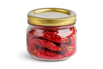 Aufkleber - Set of dried tomatoes in a glass jar, isolated on a white background. Sun-dried tomatoes, sun-kissed red pieces inside the transparent container, for cooking and culinary concepts. Red pepper.