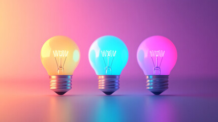 Wall Mural - Glowing light bulbs on a vibrant pastel background symbolize creativity, innovation, and bright ideas. The minimalistic design offers space for text or branding, conveying inspiration and ingenuity