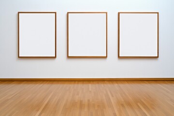 Poster - Three empty wooden picture frames standing against the wall of an apartment, with blank white canvases inside each frame. The background is a neutral beige, and there is light wood flooring