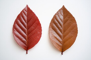 Wall Mural - Two autumn leaves, one red and the other brown, on a white background