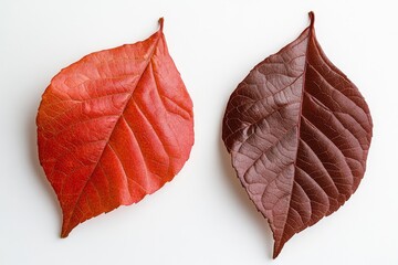 Wall Mural - Two autumn leaves, one red and the other brown, on a white background