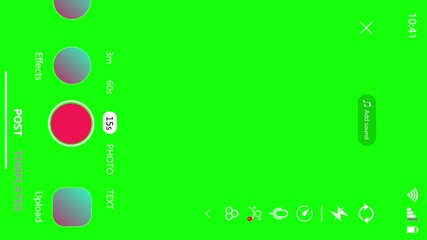 Wall Mural - Animation recording camera interface appearing in video mode with icons on green background. Record video for popular social media on a smartphone. Alpha channel. Footage