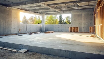 Concrete footings for a home's basement floor, with trees and a park in the background against a blue sky.