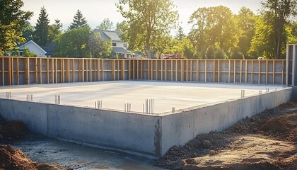 Concrete footings for a home's basement floor, with trees and a park in the background against a blue sky.